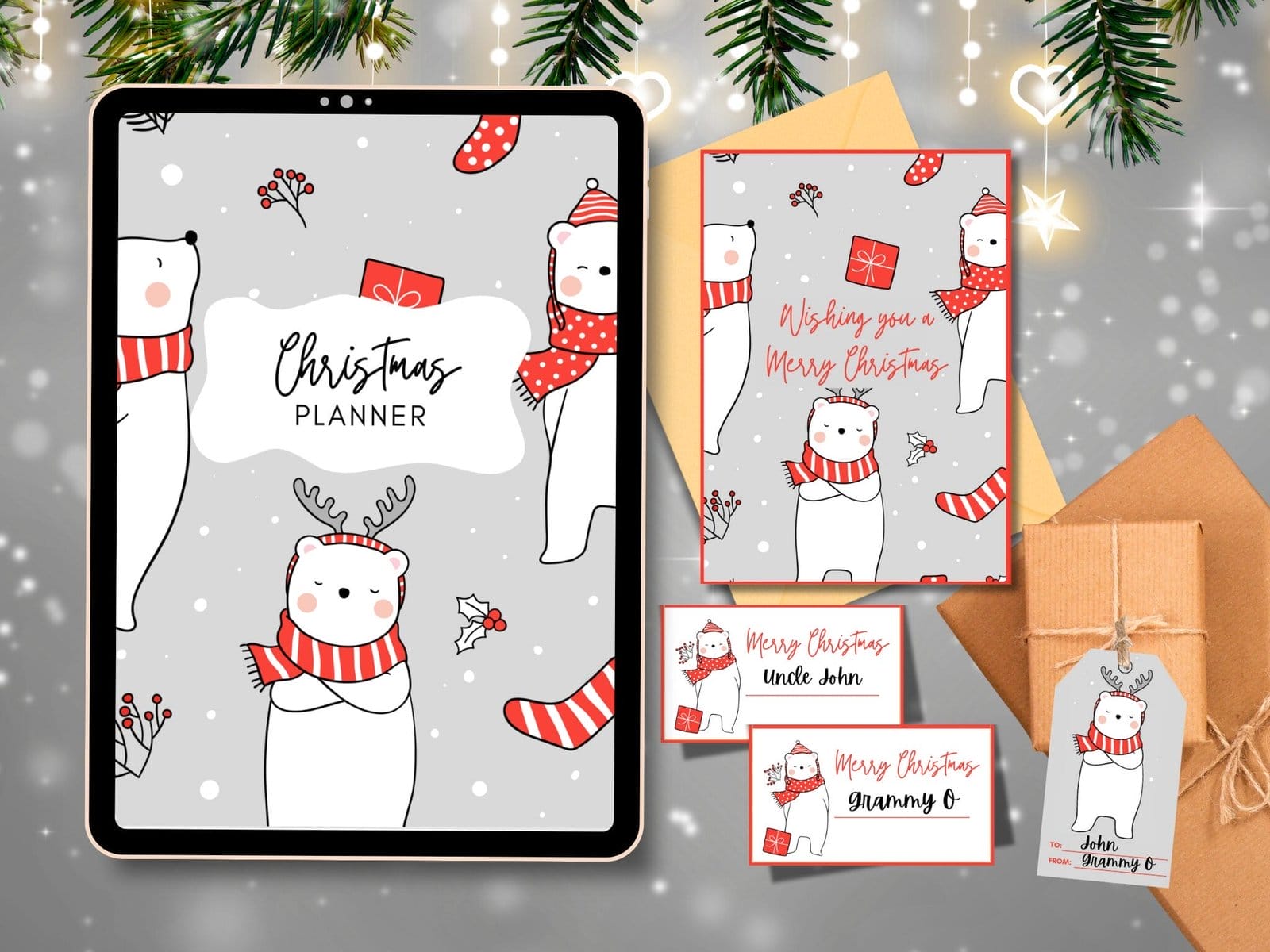 Christmas collection of a planner, greeting card, table cards and gift tag with polar bear theme